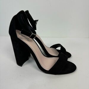 Qupid Black Faux Leather Suede Open Toe Block Heels Event Party Prom Homecoming